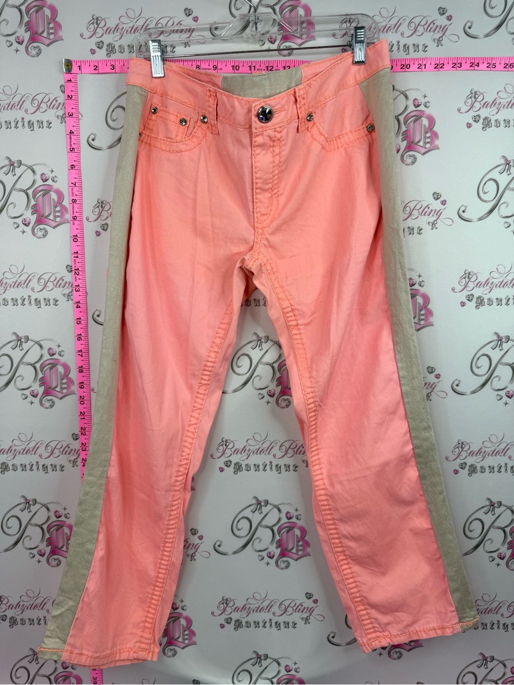Pants neon orange coral rhinestone crystals Peach Side-Stripe Casual Pants